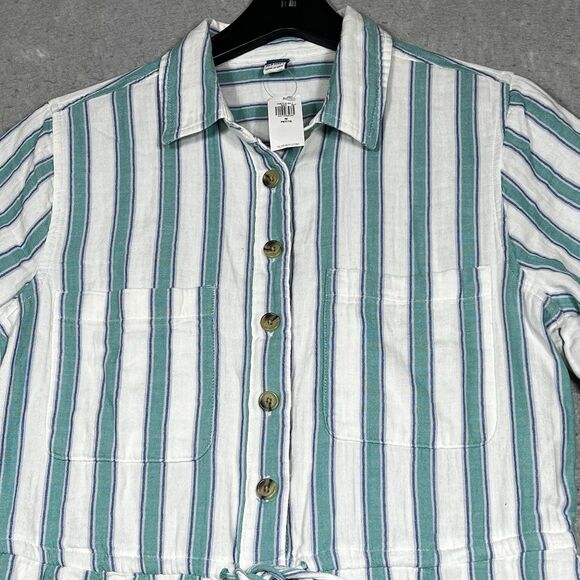 Old Navy Womens PM  Romper Blue Stripe Gauze Cinch Pockets 100% Cotton Button - Picture 3 of 14